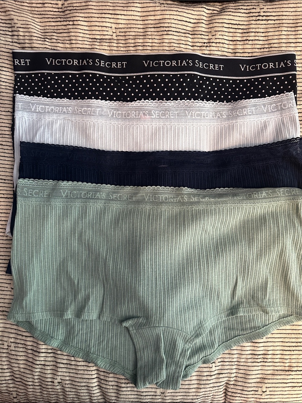 Victoria's Secret Ribbed Hipster Panty Set in Black, White, Navy & Sage